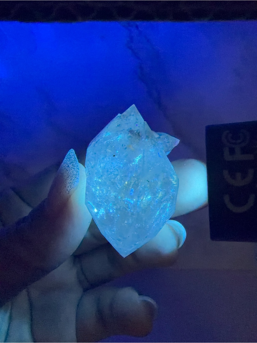 Blue & Green UV Reactive Enhydro Quartz Crystal, Carbon Inclusion Quartz,A600